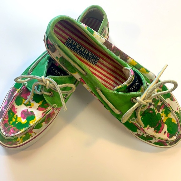 Sperry Top Sider pink green canvas sneakers SZ 7.5 - Picture 1 of 12